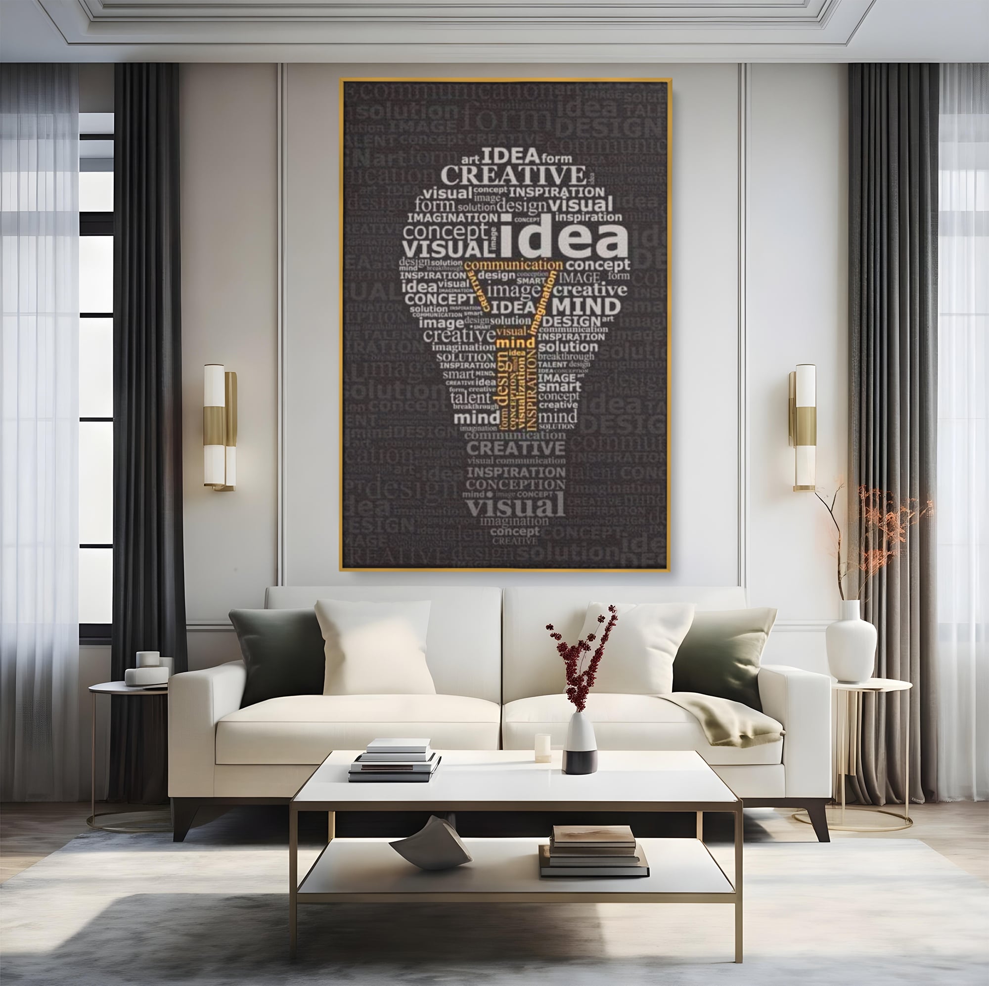 Tablou canvas cu tablou canvas cu silueta de bec formata din cuvinte, in rama de aluminiu auriu, pe perete intr-un living